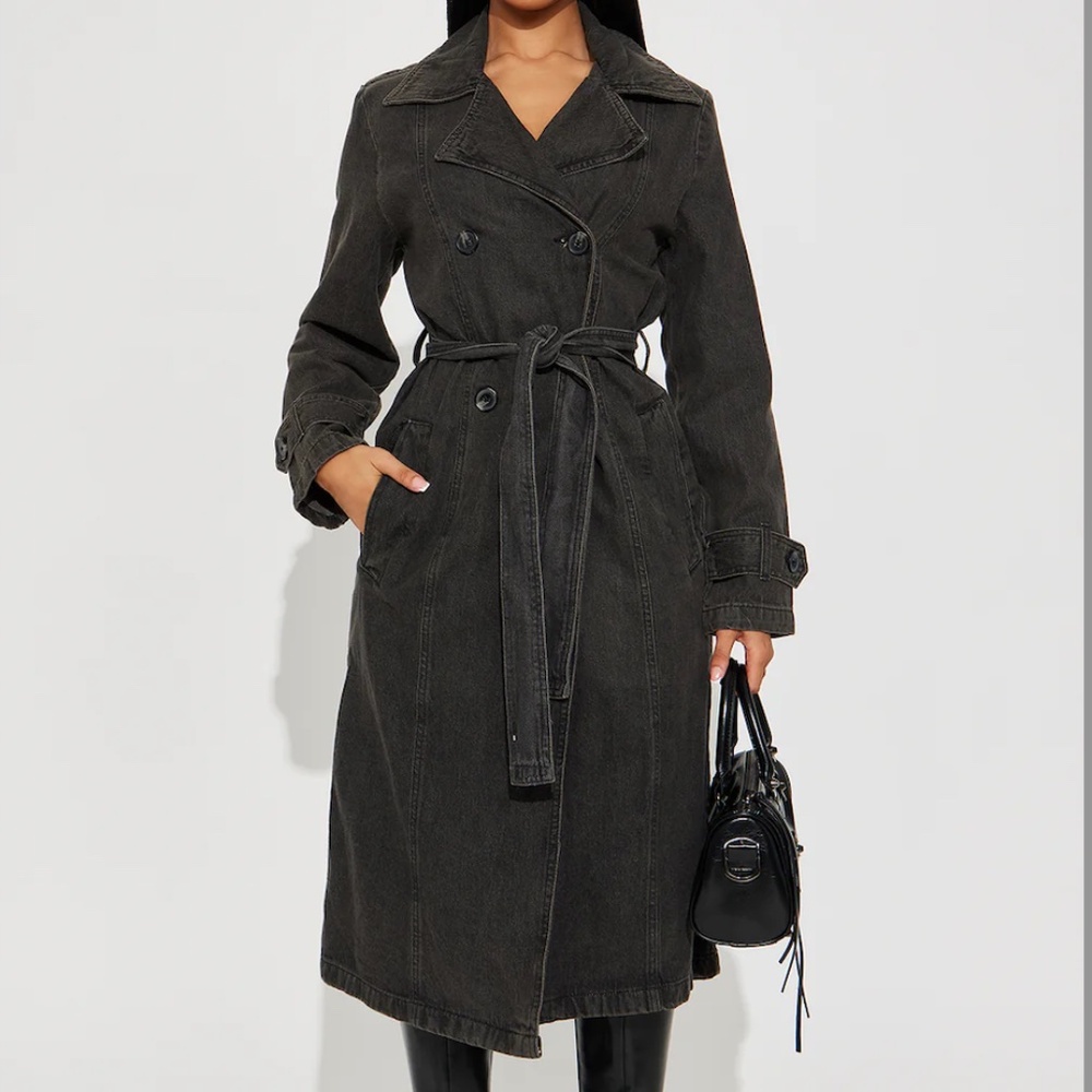 washed black denim trench coat
